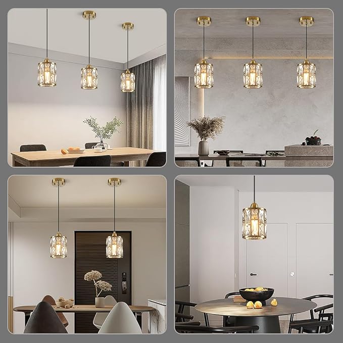 Gold 3 Pack Kitchen Pendant Lighting Over Island Modern Crystal Glass Shade Adjustable Hanging Fixture for Dining Hallway Bedroom Matte