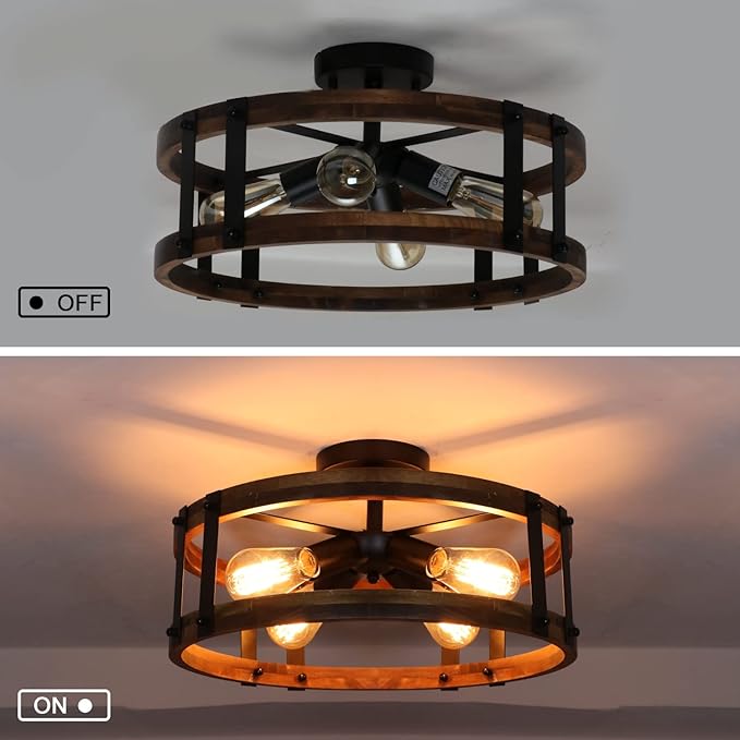 Semi Flush Mount Ceiling Light Fixture, Modern Farmhouse Wood Drum Ceiling Lamp, Rustic Close to Ceiling Lighting for Hallway Entryway Laundry Room Bedroom (Bulb Not Included)