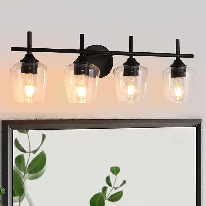 Bathroom Light Fixtures 4-Light Brushed Nickel Bathroom Vanity Light with Clear Glass Shade, Modern Wall Lights for Bedroom Hallway Living Room (Black, 4-Light)