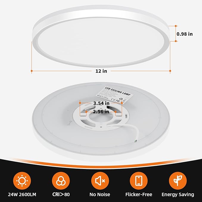 12 Inch LED Flush Mount Ceiling Light with Night Light, 24W 2600LM, 5 Color Selectable (2700K/3000K/4000K/5000K/6500K) & Dimmable, White Round Ceiling Light for Bedroom, Kitchen, Hallway