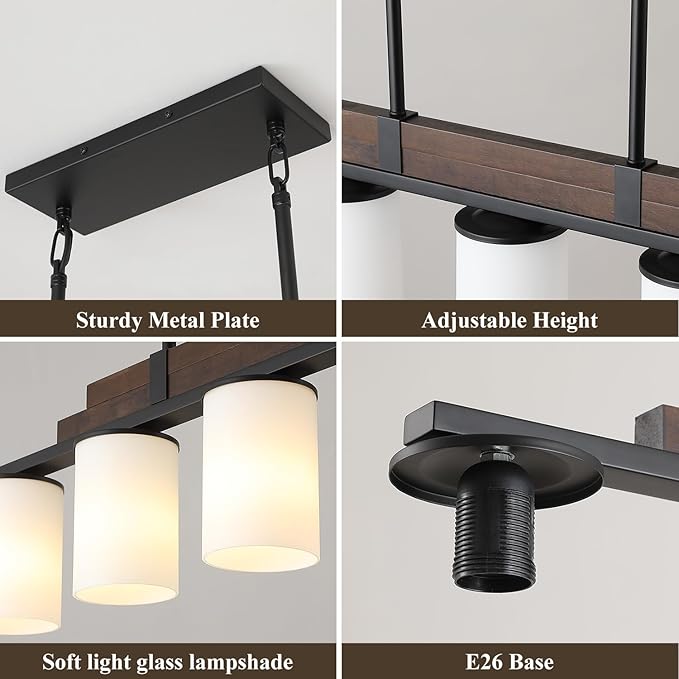 Farmhouse Wood Kitchen Island Lighting, 5-Light Adjustable Chandelier for Dining Room, Milk Glass Shade Dining Room Light Fixture Over Table, Black Hanging Pendant Lights for Kitchen, Pool Table