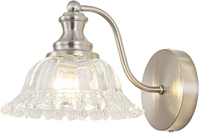 Vintage Wall Sconce Light, Brushed Nickel Bathroom Sconces Wall Lighting, Antique Wall Light Fixture with Clear Flower Glass Shades, Indoor Wall Sconces for Living Room Bedroom, 1-Light Wall Lamp