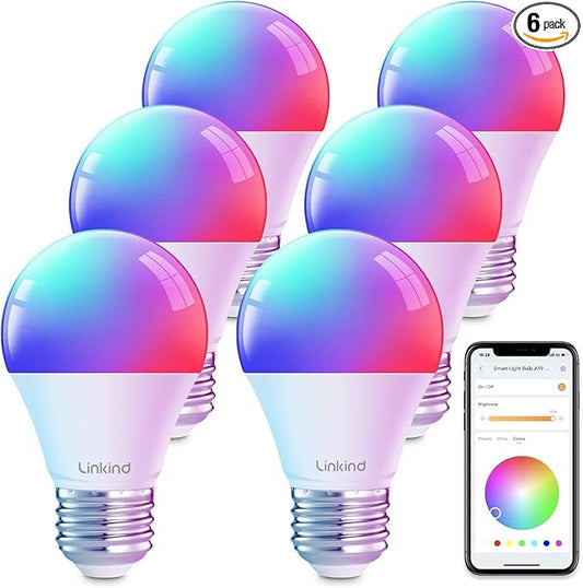 Linkind Smart Light Bulbs, Smart Bulb that Work with Alexa & Google Home, LED Light Color Changing, A19 E26 WiFi Light Bulb Dimmable, RGBTW Alexa Bulb No Hub Needed 800 Lumen, 2.4Ghz WiFi, 6 Pack