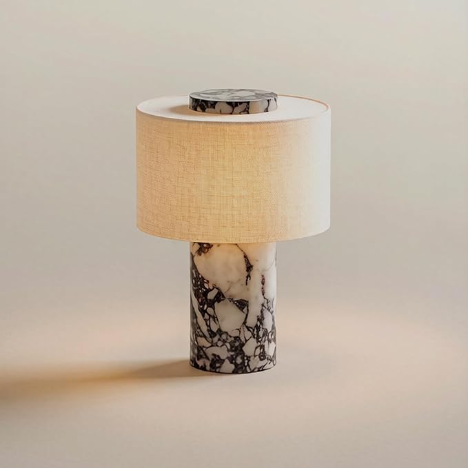 BSOD Marble Table Lamp, Natural Stone Lamps Collection - 10 inch Modern Luxury Design Decorative Light for Entry, Console, Bedroom, Living Room, Counter & Kitchen (Plug-in Calacatta Viola Lamp)