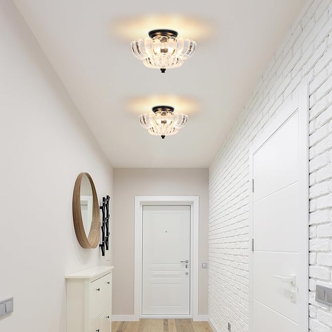 11.8-Inch Black Semi Flush Mount Ceiling Light, Modern 3-Light Clear Glass Chandelier Light Fixture for Bedroom Kitchen Bathroom Hallway Close to Ceiling Light