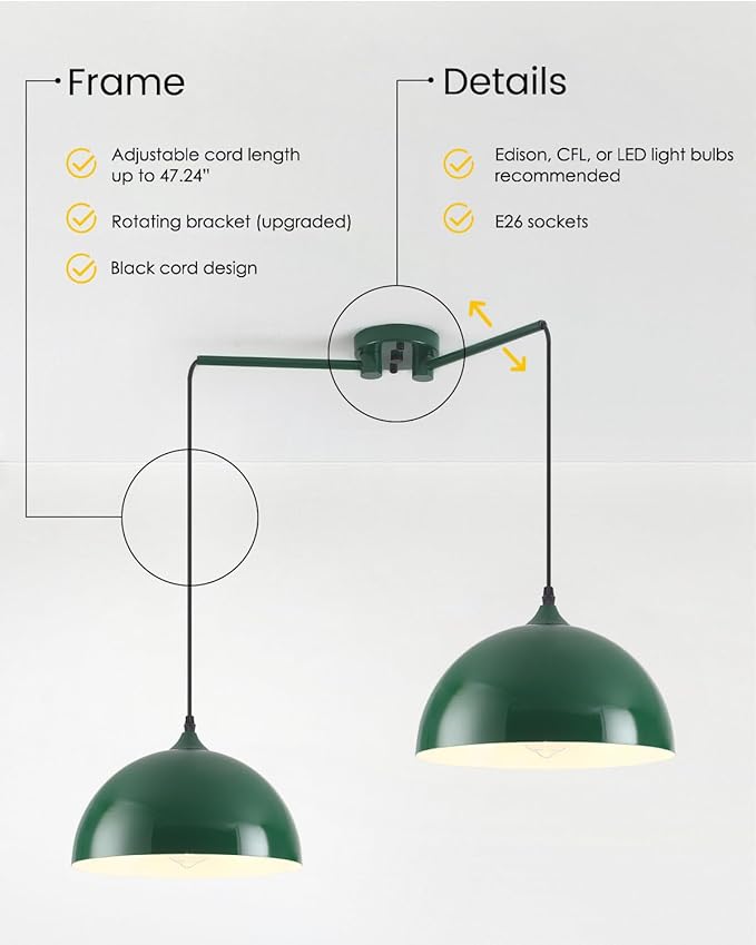 Pendant Lights Kitchen Island 2-Light, Green Dome Pendant Light, Modern Dining Room Light Fixture, Kitchen Island Lighting, Island Pendant Lights for Kitchen, Dining Room, Bar, Cafe
