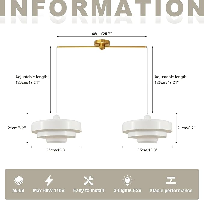 Farmhouse White Pendant Light, 2-Light Industrial Chandelier, Vintage Adjustable Hanging Lights for Kitchen Island, Dining Room, Bedroom, Entryway, Coffee Bar