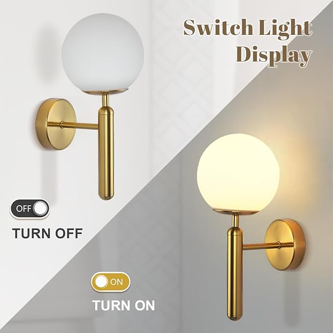 KCO Lighting Milk Glass Globe Wall Sconce Mid Century Brushed Brass Wall Sconces Modern Gold Wall Light Vintage Bathroom Vanity Light Fixtures for Bedroom Hallway