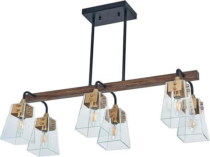 30-inch Farmhouse Chandelier, 6-Light Pendant Light Fixture with Clear Glass Shade & E12 Base, Adjustable Hanging Ceiling Light for Dining Room Kitchen Island Living Room Bar