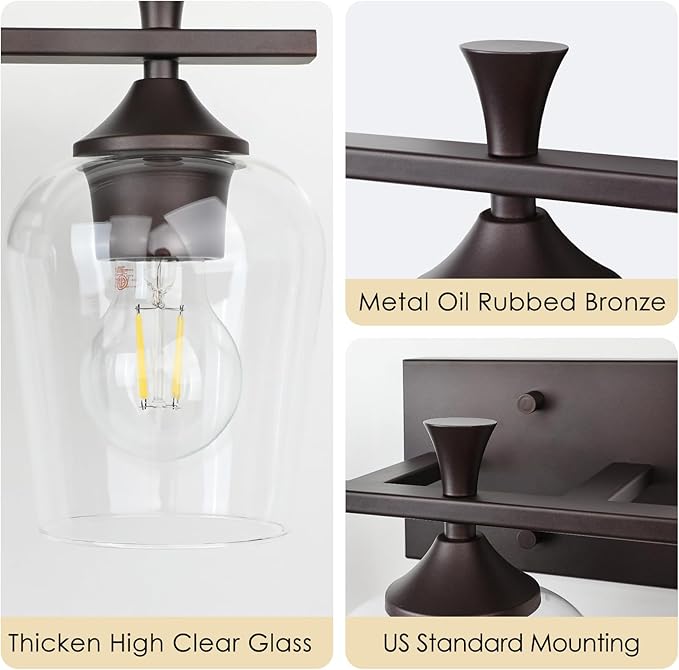 3 Light Bathroom Vanity Light - Coffee Bathroom Lighting Fixtures Over Mirror, Modern Wall Sconces with Transparent Glass Lampshade for Bedroom Living Room Kitchen Cabinet Stair Hallway