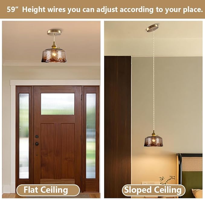Glass Pendant Lights Kitchen Island Dimmable Mini Pendant Lighting Amber Glass Lampshade for Bedside Dining Room Foyer, Brass