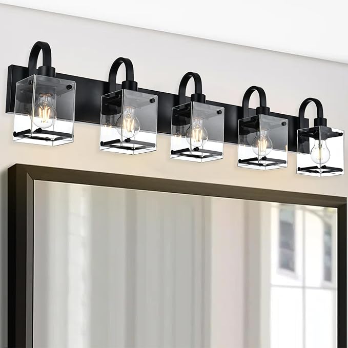 5 Light Vanity Light Bathroom Lighting Fixtures,Black Cage Vintage Wall Sconces Lighting,40.2 Inch Bath Wall Mounted Lights with Clear Glass Shade Bathroom Vanity Light for Living Room