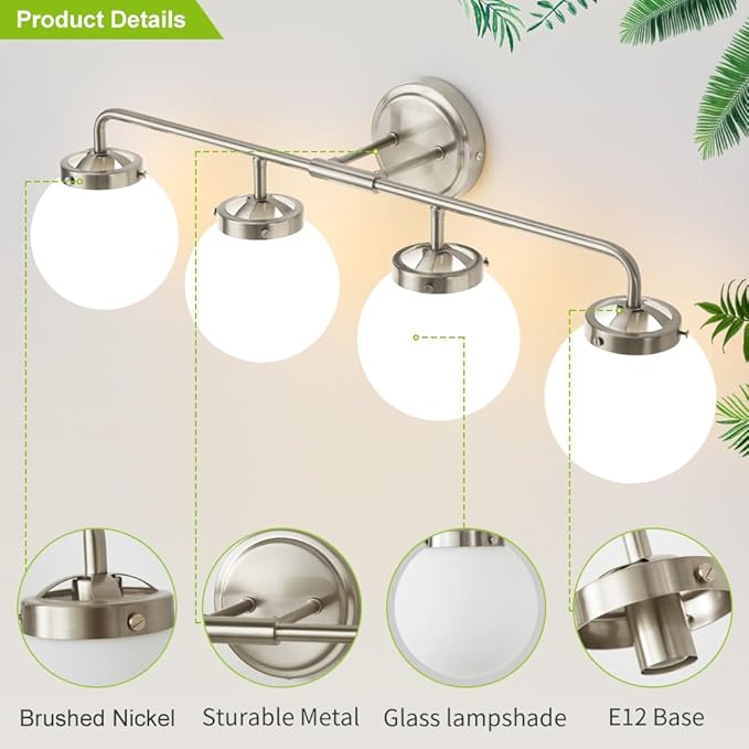 Bathroom Light Fixtures Over Mirror, Brushed Nickel Modern Vanity Lighting with Milk White Glass Globe Shades 4-Light Farmhouse Wall Sconce