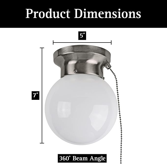 Ultralux 6" Utility LED Glass Flush Mount with Pull Chain - Globe Light Fixture - 500 Lumens 3000K Light Fixture for Closet, Pantry, Shed, Laundry Room - ETL-Certified (Brushed Nickel, 1-Pack)