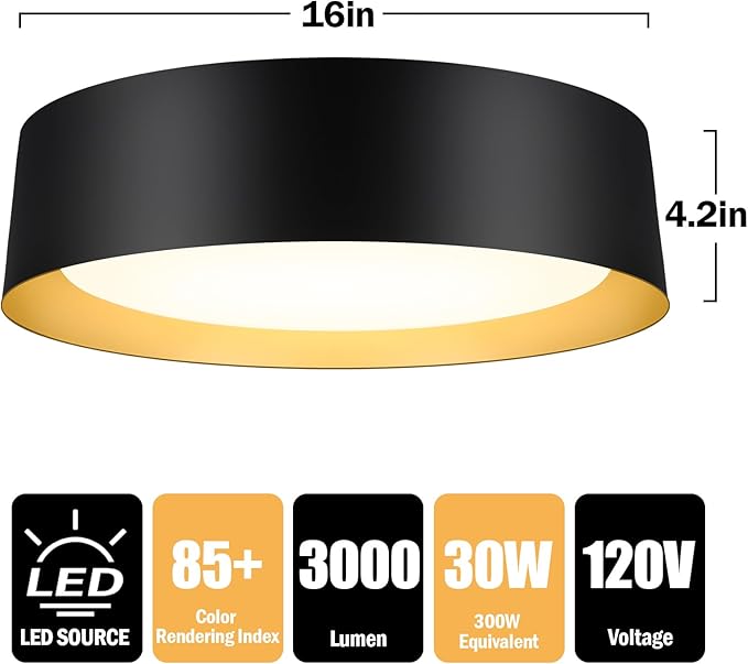 BrightHome 16in Flush Mount LED Ceiling Light, 30W(300W Equiv) 3000LM, 3 Colors 3000K 4000K 5000K, Dimmable Black and Gold Modern Flush Mount Light for Bedroom, Bathroom, Hallway, Kitchen