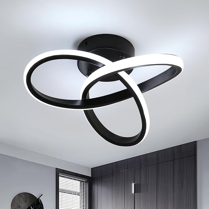 Goeco LED Ceiling Lights, 9.8'' Hallway Modern Spiral Design Flush Mount Ceiling Light, 6000K Blalck Ceiling Light Fixture for Bedroom, Kitchen, Living Room, Office, Stair