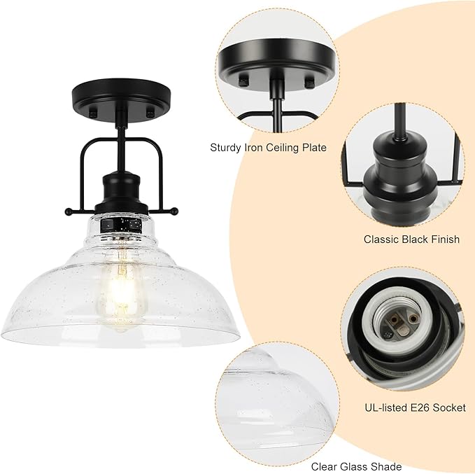WILON 2 Pack 11'' Seeded Glass Ceiling Light Fixture Black Semi Flush Mount Ceiling Light Fixture Modern Farmhouse Lighting Fixture Ceiling Lamp for Kitchen Hallway Dining Living Room Entryway