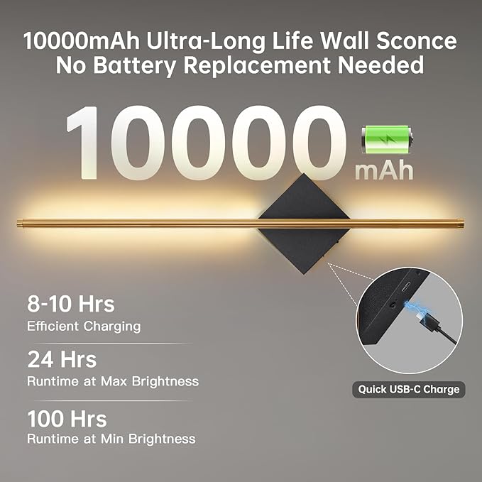 Battery Operated Wall Sconces Set of Two - Wireless Rechargeable Wall Light with Remote - Gold and Black Wall Lamp Dimmable Modern Home Decor for Bedroom Living Room Hallway Timing 31.5 Inch