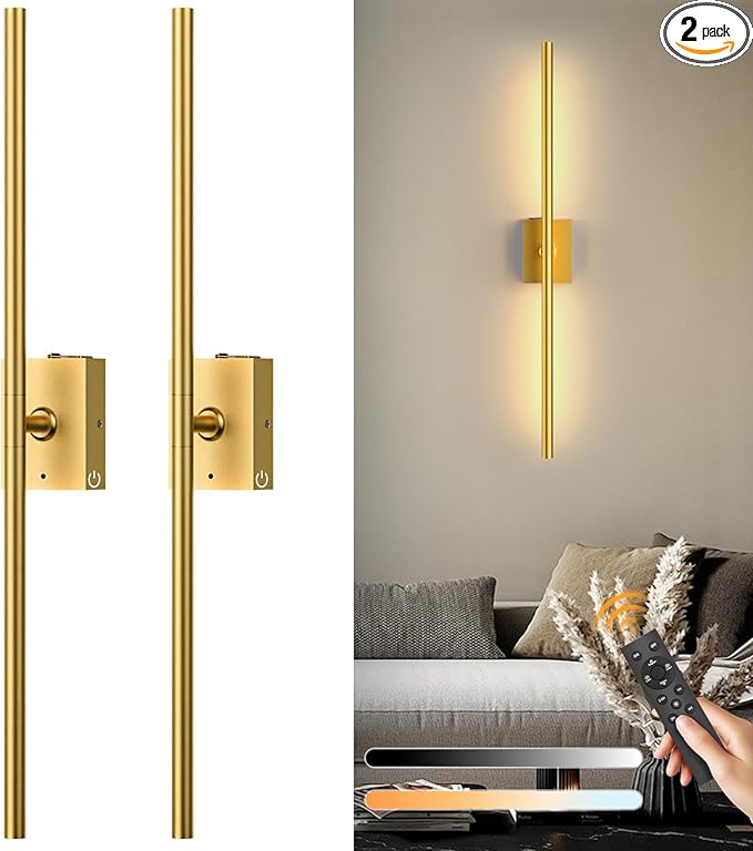 Eneru Battery Operated Wall Sconce Lights - 10000mAh Rechargeable Wireless Wall Sconces Set of Two with Touch and Remote, 360° Rotate, 4 Colors LED Wall Lamp for Living Room Bedroom Hallway (Gold)