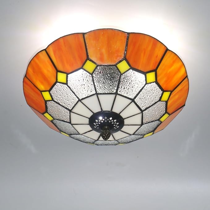 12 Inch Tiffany Style Vintage Stained Glass Ceiling Light Flush Mount Ceiling Light Pendent Chandelier Lighing Fixtures (12 Inch Orange)