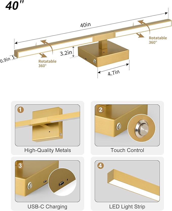 Rayogale 40 Inch 8000mAh Rechargeable Wall Sconce with Remote Control, 3000K/4500K/6000K Dimmable Battery Operated Wall Sconce Set of 2 with Timer, Wireless Wall Lights for Living Room Bedroom, Gold