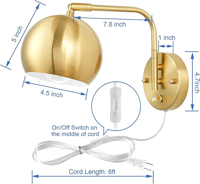VATONI Plug in Dimmable Wall Sconce Swing Arm Wall Lights with Plug in Cord and Dimmer On/Off Knob Switch, Brushed Brass Globe Wall Light for Bedside Bedroom Bathroom(1 Bulb Included)