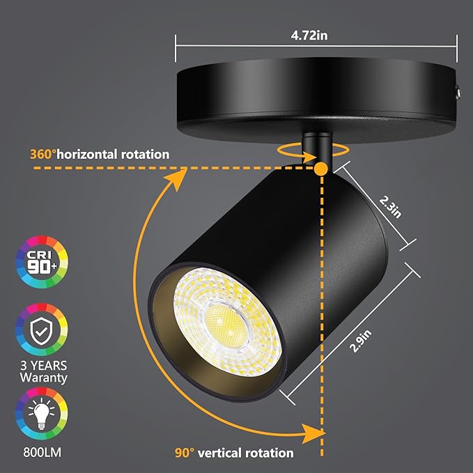 VANoopee Flush Mount LED Ceiling Spotlight Dimmable Adjustable Spotlight Directional Spot Lights Indoor Bright Can Accent Fixture for Living Room Bedroom - CRI90 Flicker Free 10W 800lm 3000K Black
