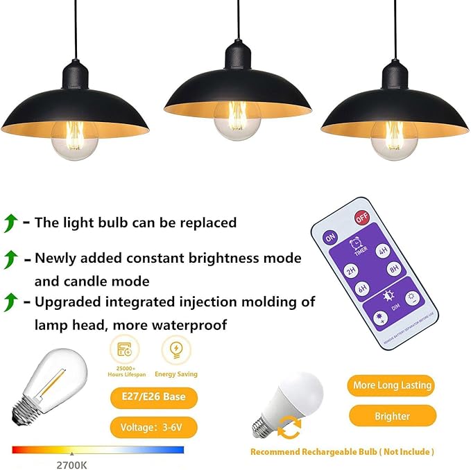 3X Battery Operated Outdoor Chandelier for Gazebo Pendant Light Industrial Hanging Lamp with Remote Decorative Lights Lantern Indoor Powered by 4*AA Batteries for Porch Pavilion Camping