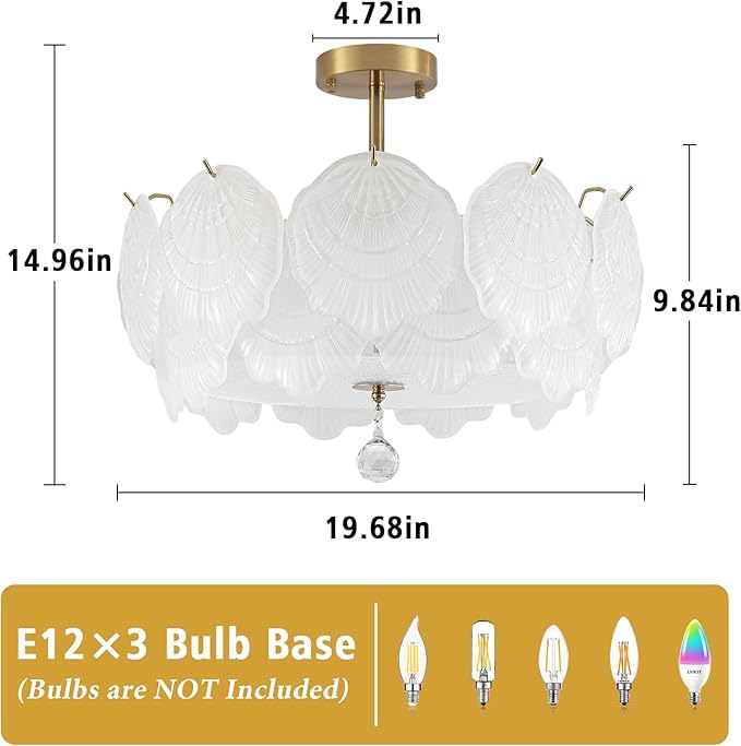 ETONIMERR 19.7'' Modern Glass Chandelier for Dining Room, Gold Semi Flush Mount Ceiling Light with Glass Shell Petals, 3 Light Flower Chandelier for Bedroom Living Room Hallway Entryway