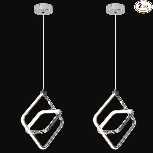 Modern LED Chandelier Chrome Rectangular Pendant Light Fixtures 4000K 20W Dimmable Height Adjustable Pendant Lighting for Dining Room Kitchen Island Bedroom Living Room Foyer（2-Pack）