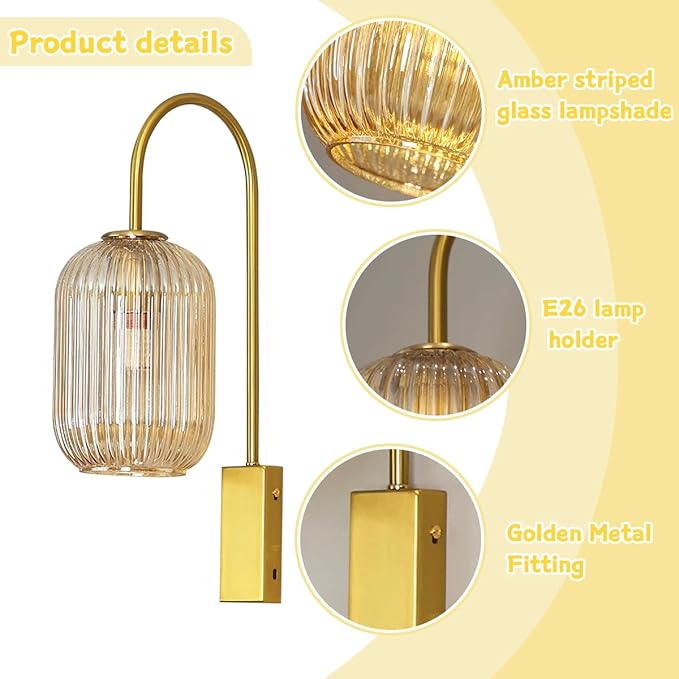 1-Light Bathroom Vanity Light fixtures Glass Globe Wall Sconce Lights Gold Wall Mount Light with Amber Glass Shade Mid Century Modern Wall Sconce for Over Mirror Bedroom Hallway