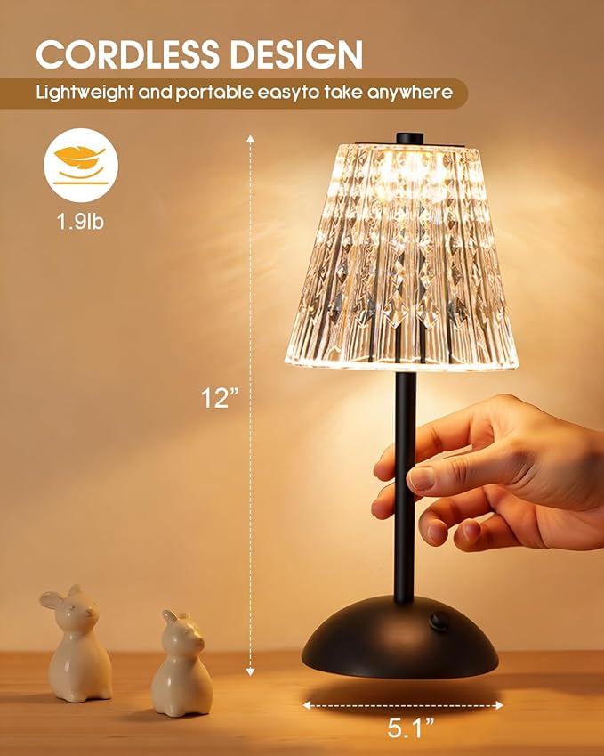 Nusogon Rechargeable Cordless Table Lamp, Touch Control Crystal Desk Lamp with 3500mAh Battery, 3 Color Dimmable LED Small Lamp for Bedroom Bedside Restaurant Kitchen Home Decor, Black