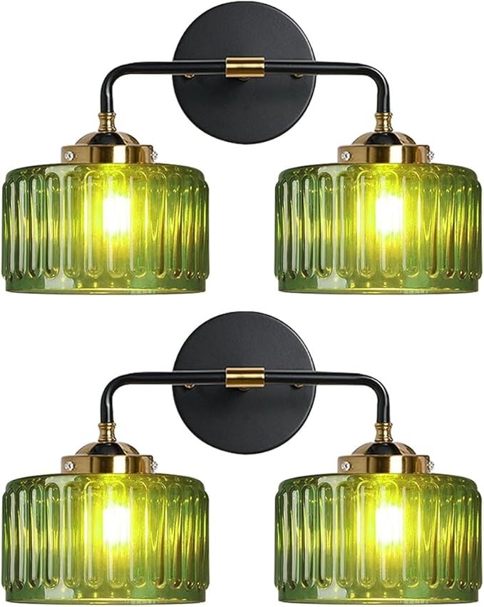 Vintage Bathroom Vanity Light, Bathroom Light Fixtures Over Mirror, Mid Century Style Striped Green Wall Sconce Farmhouse 2-Lights Fixture Black Vanity Lamp for Over Mirror Bedroom