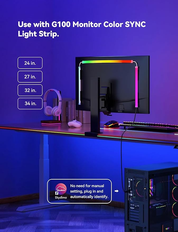 RGB Backlight LED Strip Light for PC & Mac, Sync with Screen Color or Music, Stick to the Edge of Your Desk, for Desk Gaming, USB Port, Software Control, 3.94ft / 1.2m