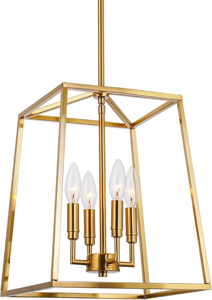 Kira Home Bellevue 16" 4-Light Modern Gold Lantern Pendant Light, Large Gold Geometric Metal Cage Chandelier, Cool Brass Finish