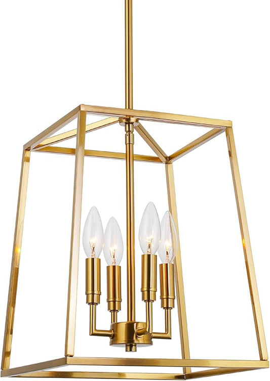 Kira Home Bellevue 16" 4-Light Modern Gold Lantern Pendant Light, Large Gold Geometric Metal Cage Chandelier, Cool Brass Finish