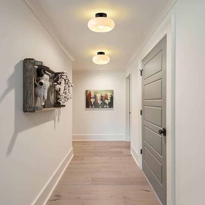 Mid-Century Modern Black Semi Flush Mount Ceiling Light,White Glass Dome Hallway Lighting Fixtures,Metal Close to Ceiling Lamp for Entryway Bathroom Kitchen Bedroom Porch Foyer Office (11 Inch)