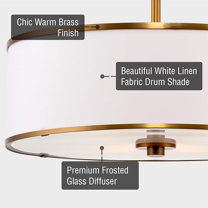 Kira Home Chloe 15" Retro Modern 3-Light Semi-Flush Mount Ceiling Light + White Drum Shade, LED Compatible, Round Tempered Glass Diffuser, Warm Brass Trim Finish