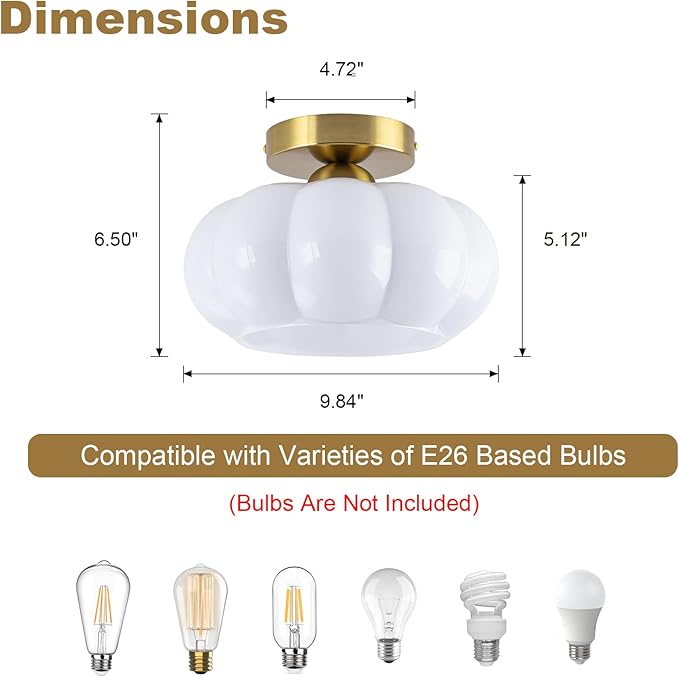 9.84" Mid-Century Modern Semi Flush Mount Ceiling Light,1-Light Brushed Gold Ceiling Light Fixture with Opal Milky White Glass Shade,Dimmable Mini Bedroom Light Fixture for Kitchen,Hallway,Entryway