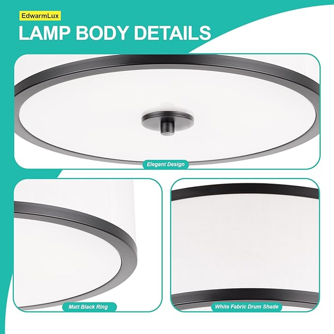 3-Light Flush Mount Ceiling Light Fixture, 12.6 " Drum Light with White Fabric Shade, Modern Close to Ceiling Light for Living Room Bedroom Dining Room Kitchen Hallway Entry (Matt Black)