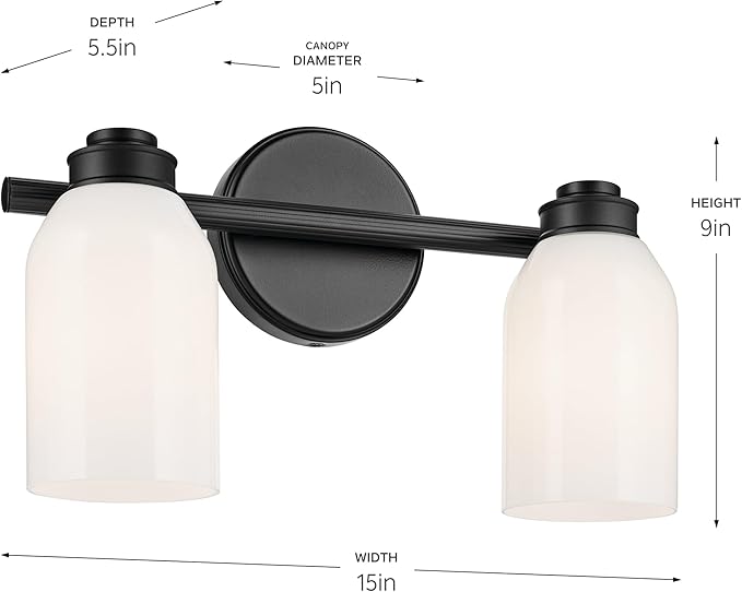 Kichler Shae 15" 2-Light Bathroom Vanity Light Fixture with Cased Opal Glass in Black, Modern Coastal Style for Mirror, Powder Room, Bathroom Lighting (15" W x 9" H), 55201BK