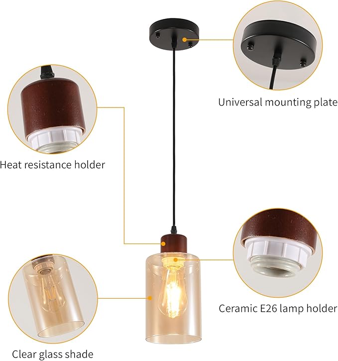 Modern Wood Pendant Lighting for Kitchen Island, Farmhouse Pendant Light Fixtures 2 Pack, Adjustable Hanging Ceiling Light with Amber Glass Shade