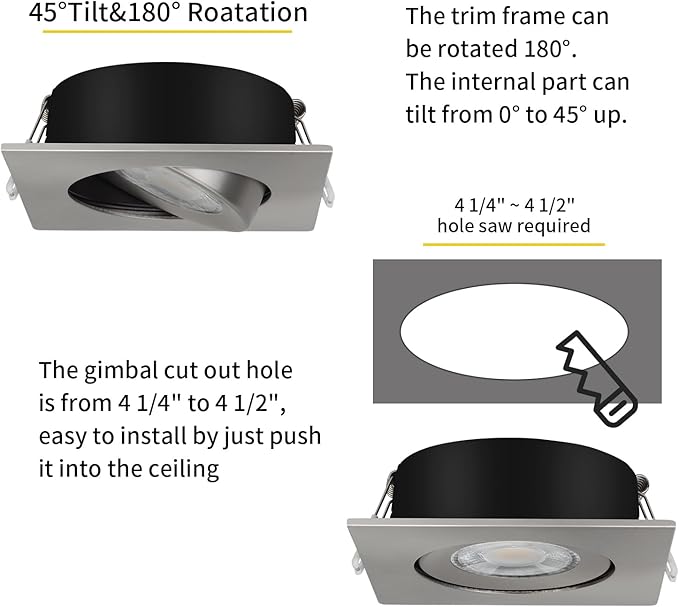 KnLnny Ware Brushed Nickel Square Recessed Lights 4 inch 6 Pack,Gimbal Recessed Lights with Junction Box,dimmable, 5CCT Selectable,9W 750LM