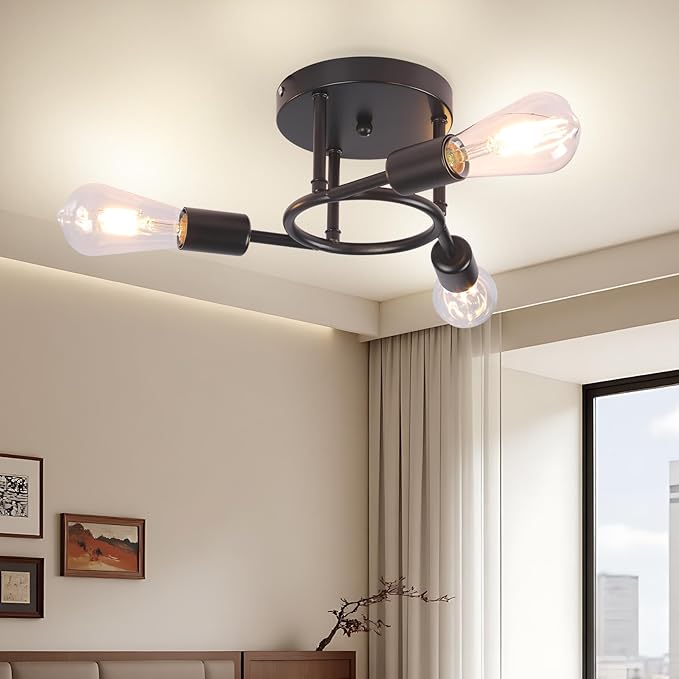 Finktonglan 3-Light Semi Flush Mount Ceiling Light, Matte Black Sputnik Ceiling Light Fixture, Modern Farmhouse E26 Chandelier for Kitchen, Bedroom, Hallway, Entryway
