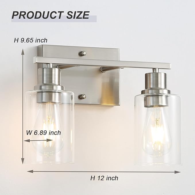 Farmhouse Wall Sconces 2-Lights Brushed Nickel Bathroom Vanity Light Fixtures,Classic Wall Lights with Clear Glass Shades, Modern Wall Lighting for Mirror,Bedroom,Living Room