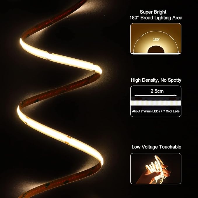 COB LED Strip Light 20ft/6m Tunable White 3000K-6500K, High Lumen CRI 90+ with UL Listed 24V Power Adapter RF Remote for Bedroom Counter Under Cabinet Kitchen Projects