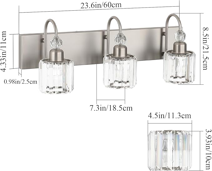 Ralbay Brushed Nickel Vanity Light for Bathroom Crystal 3-Light Modern Bathroom Light Fixtures