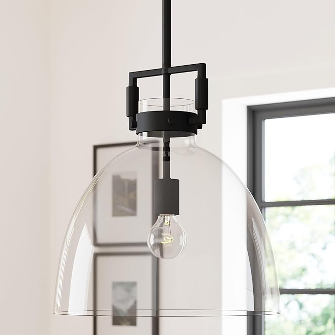 Nathan James Leigh Pendant Lighting, Black Hanging Ceiling Light with Oversized Glass Shade and Adjustable Cord, for Kitchen Island or Entryway, Matte Black/Clear