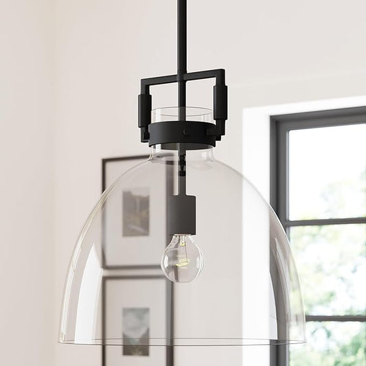 Nathan James Leigh Pendant Lighting, Black Hanging Ceiling Light with Oversized Glass Shade and Adjustable Cord, for Kitchen Island or Entryway, Matte Black/Clear