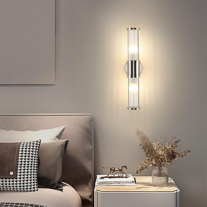 Brushed Nickel Wall Sconce with Glass Rods - Modern Industrial Vanity Light Fixture, E12 Candelabra Base for Bathroom, Bedroom & Hallway (Bulbs Not Included)